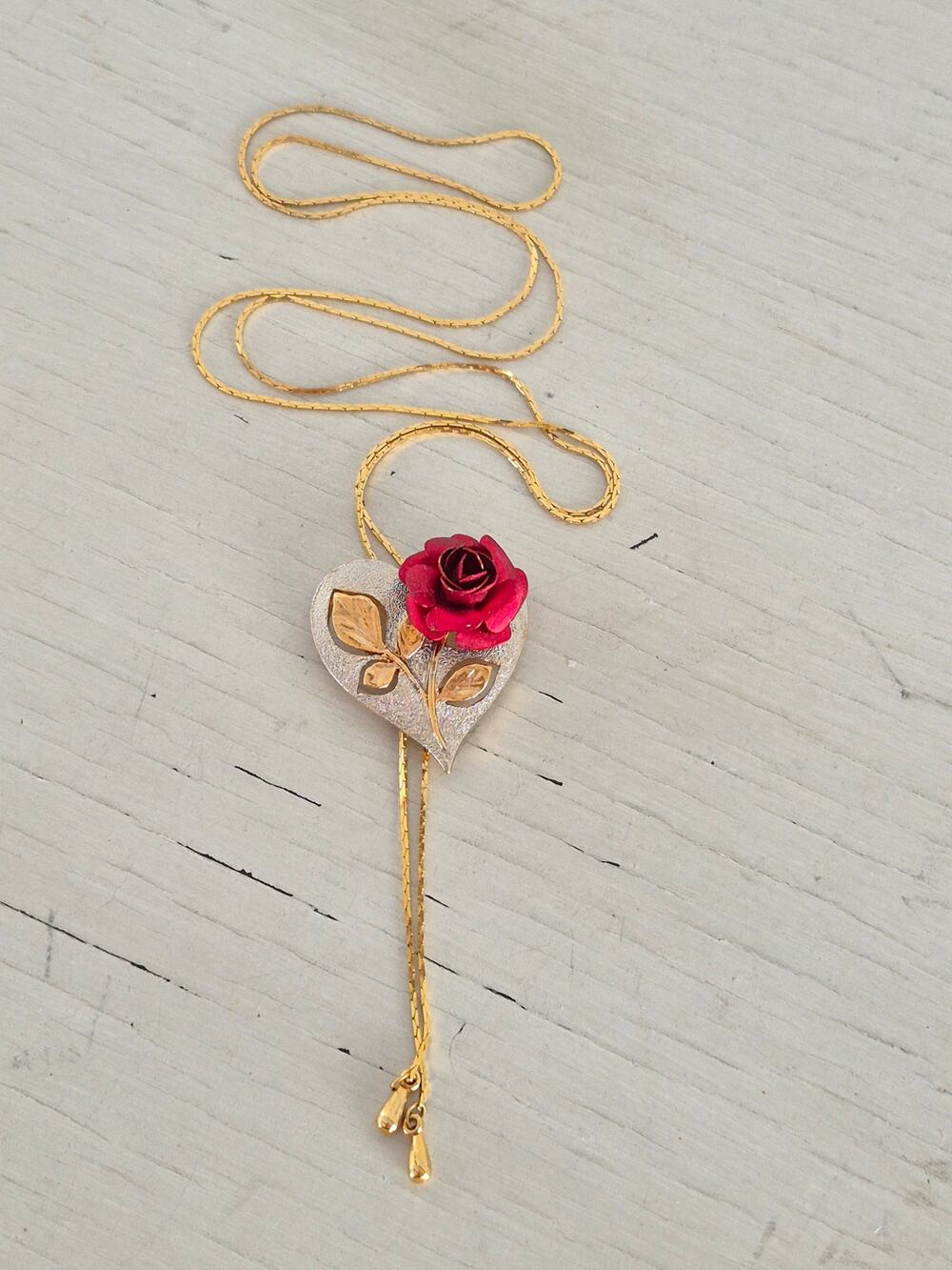 Vintage Silver and Gold-tone Red Rose Lariat Bolero Necklace